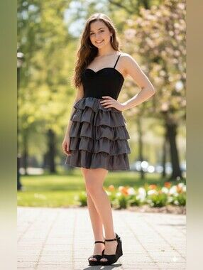 H&M Spaghetti Straps Ruffled Black Dress. Junior Lady Night Out Dress. Chic Dres